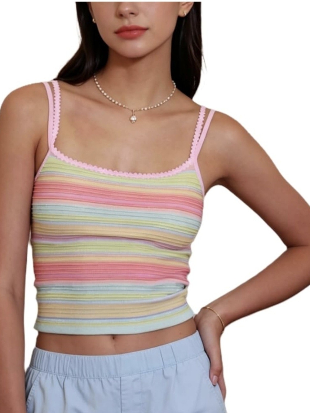 Women Y2k Striped Knitted Tank Tops Fitted Low Cut Cami Top Shimmer Large